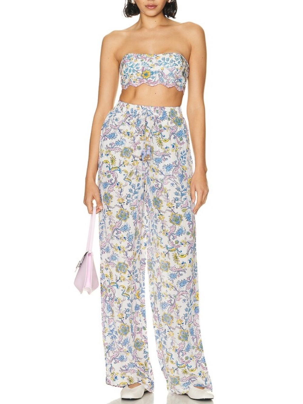 HEMANT & NANDITA Vans White Floral Paisley Gold Metallic Wide Leg Pants - Picture 4 of 12